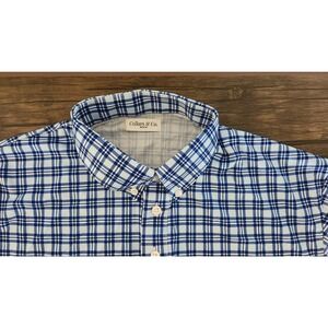 Collars & Co Mens Dress Button Down Collar Polo Medium Blue Plaid Shirt‎ NEW